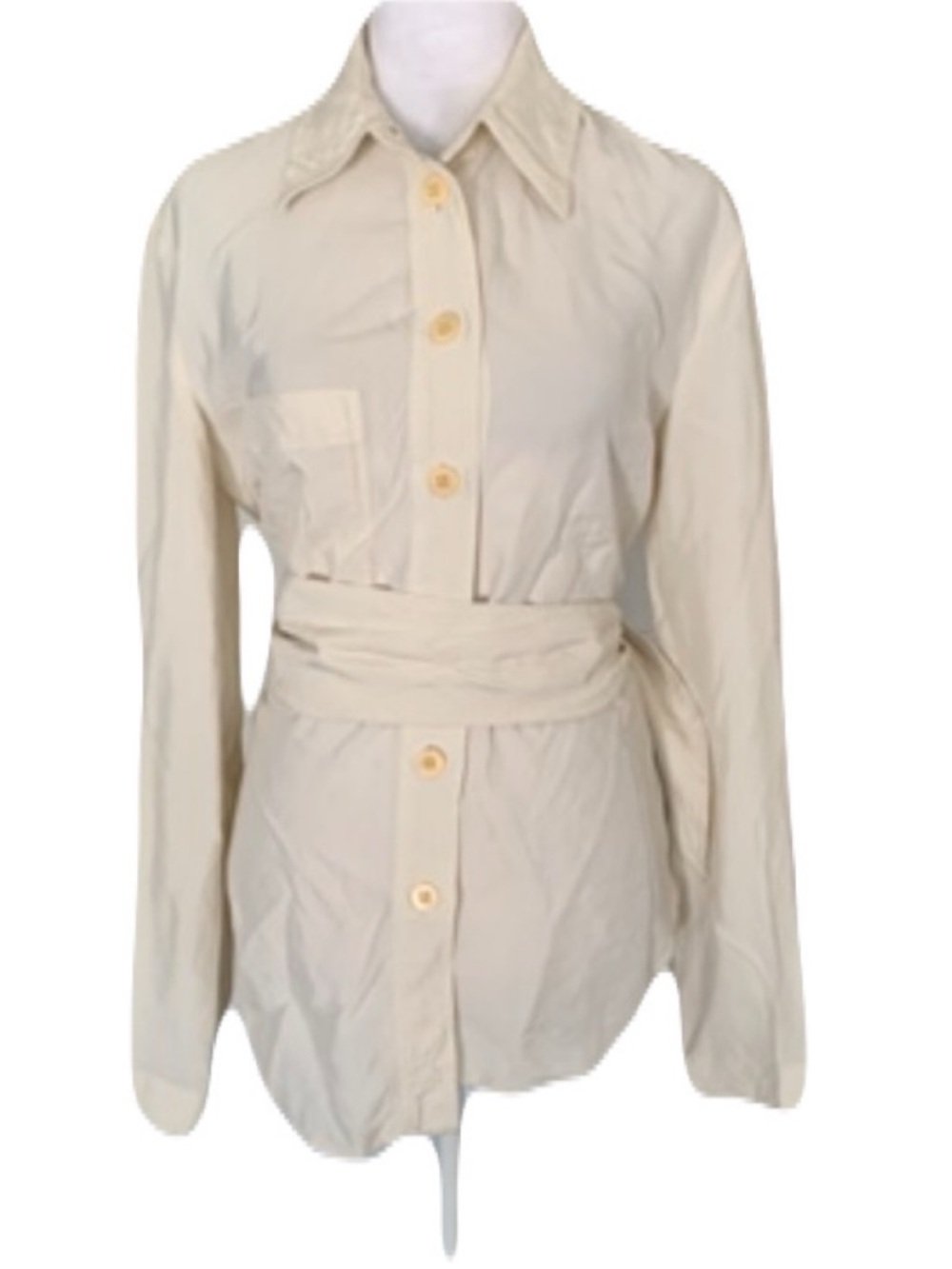 Nanushka Small Cream Button-Down Self-Tie Waist Raw Hem Shirt Quiet Luxury